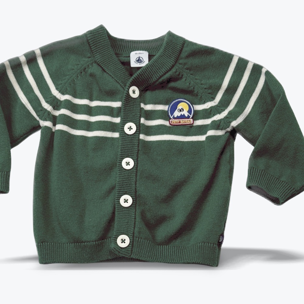 Petit Bateau Cardigan Wool Blend Striped Mountain Patch Green Baby Size 18M